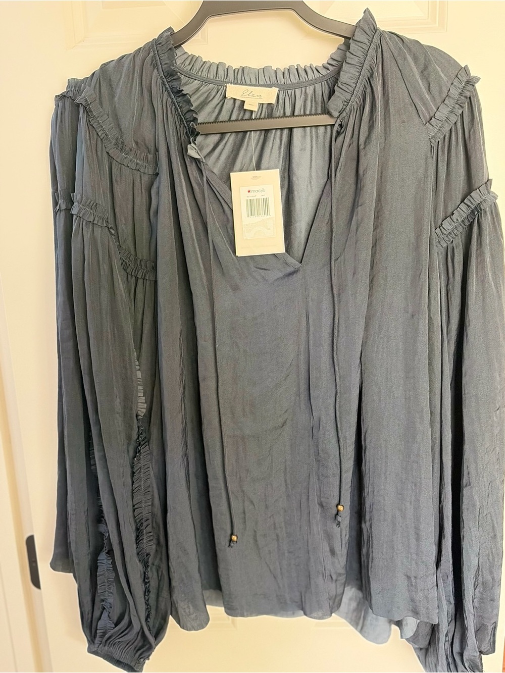 NWT Elan Dusty Blue Peasant V-Neck Blouse